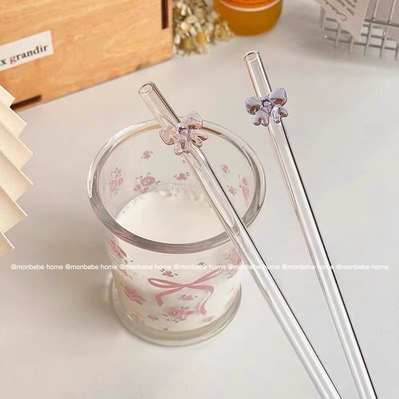 หลอด insหลอดดูดมีโบว์ วัสดุแก้ว สวยมาก พร้อมส่ง