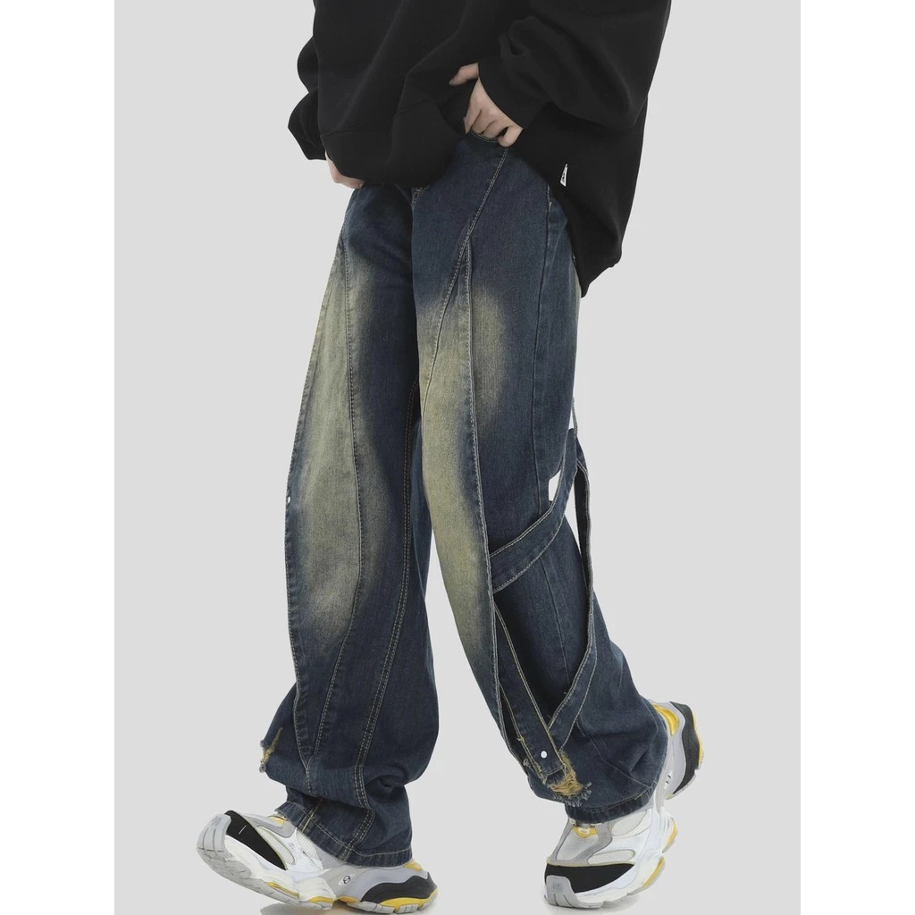 56MEN กางเกงยีนส์ขายาวผู้ชาย Jeans G61 กางเกงยีนส์แต่งสาย Y2K streetwear วินเทจ