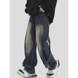 56MEN กางเกงยีนส์ขายาวผู้ชาย Jeans G61 กางเกงยีนส์แต่งสาย Y2K streetwear วินเทจ