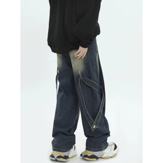 56MEN กางเกงยีนส์ขายาวผู้ชาย Jeans G61 กางเกงยีนส์แต่งสาย Y2K streetwear วินเทจ