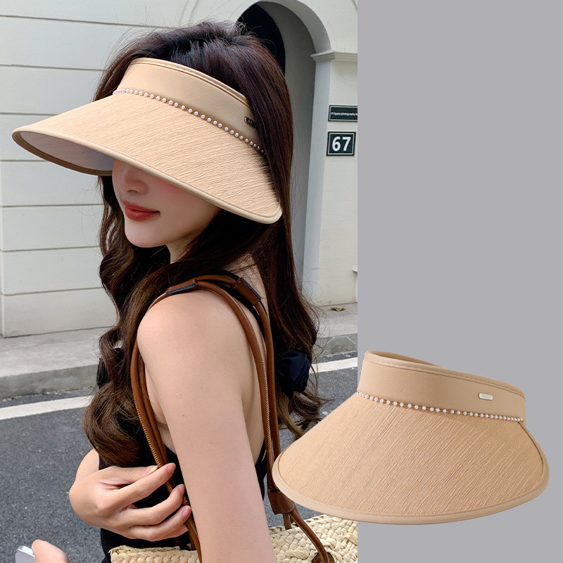 หมวกกันแดดเปิดด้านบนประดับไข่มุก - หมวกป้องกัน UV หรูหราสำหรับแฟชั่นฤดูร้อนและปั่นจักรยาน
