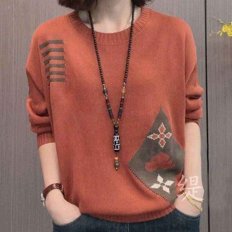 เสื้อแมทช์ลุคง่ายสําหรับผู้หญิงเสื้อสเวตเตอร์คอกลมแขนยาวแบบลําลองแบบใหม่เสื้อผ้าทรงหลวมแฟชั่นและอเนกประสงค์