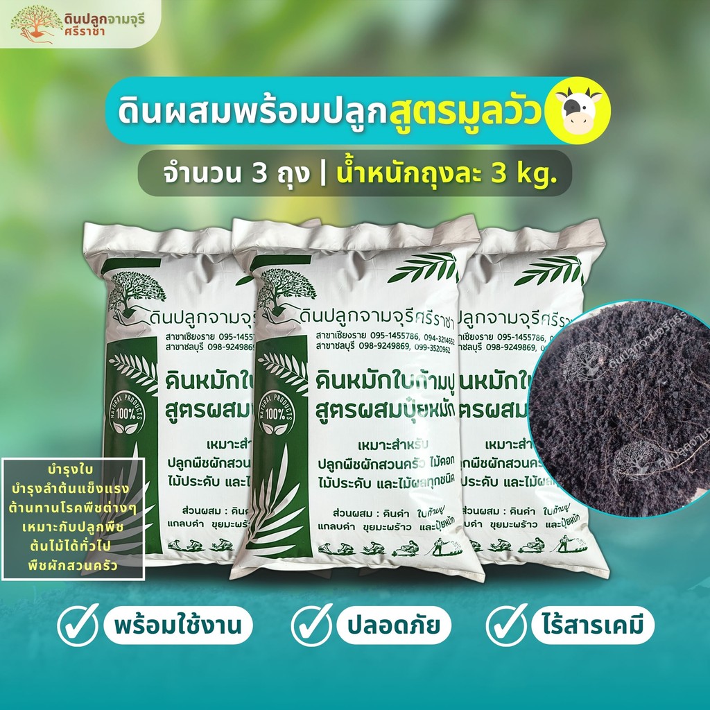 ดินผสมใบก้ามปูสูตรขี้วัวบด ชุด 3 ถุง (น้ำหนัก 3 kg./ถุง) ผสมพร้อมปลูก พร้อมใช้งาน