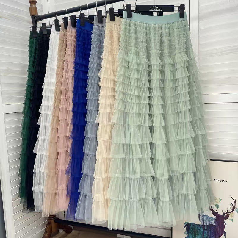 2025 กระโปรงเค้กTulle ยาวผู้หญิง 2025 - เอวสูง เลเยอร์ ฤดูใบไม้ผลิ/ฤดูใบไม้ร่วง สไตล์หรูหรา