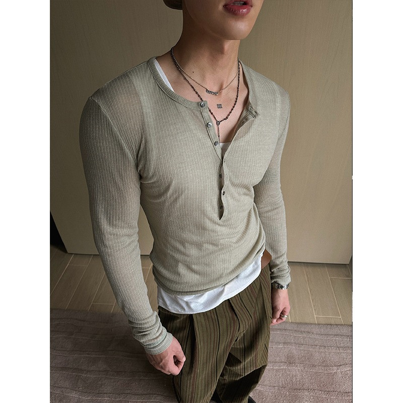 Zerotogue Spring Summer Thin Sheer Henley Neck Long Sleeve Top with Button Detail