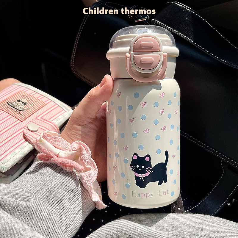 กระติกน้ําเก็บความร้อนสีงาช้างออกแบบฟาง 500ml โบว์สแตนเลสน่ารักดื่มร้อนและเย็นแก้วฉนวนเด้งเด็ก T01289