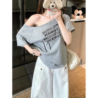 UMISO เสื้อปาดไหล่ เสื้อยืดผู้หญิง ทรงหลวม เข้ากับทุกสไตล์ได้ โบว์ พิมพ์ลาย มีสีให้เลือกมากมาย