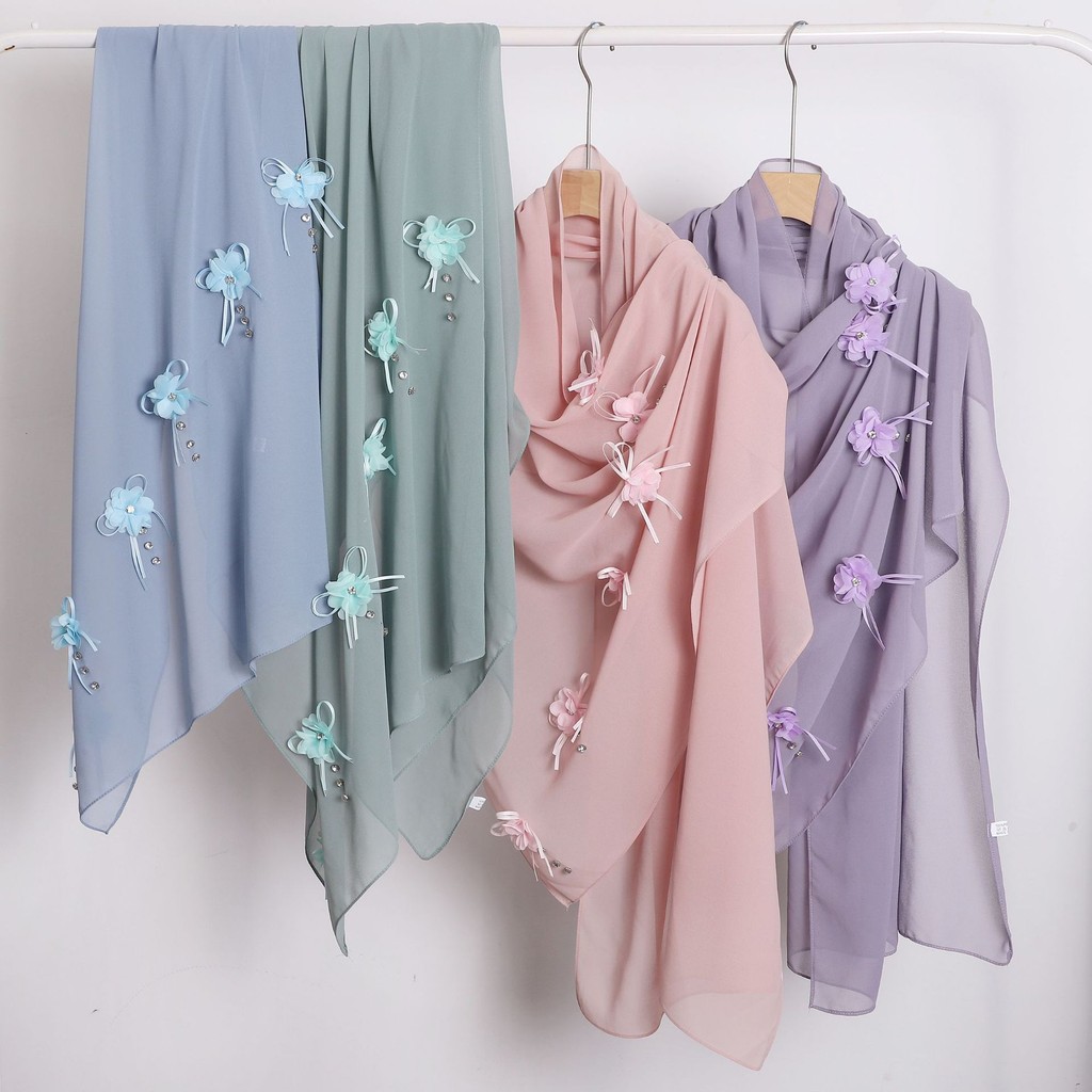 คริสตัลดอกไม้ Embellished Chiffon Hijab Scarve สําหรับผู้หญิง,Versatile ธรรมดามุสลิม Head Wrap ผ้าคลุมไหล่สําหรับชายหาด