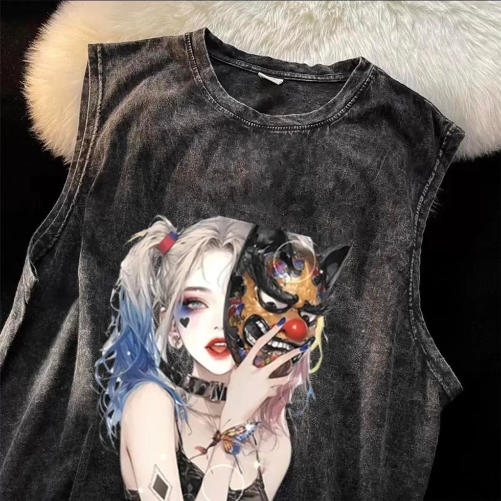 Y-T🤡เสื้อกั๊กคอกลมโอเวอร์ไซส์ สวมใส่สบาย ลาย "Mask beauty" สไตล์เรโทร ผ้าฝ้าย 100% พิมพ์ลายสกรีน ไม่หด สไตล์ลำลอง