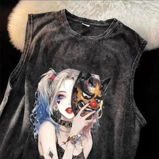 Y-T🤡เสื้อกั๊กคอกลมโอเวอร์ไซส์ สวมใส่สบาย ลาย 