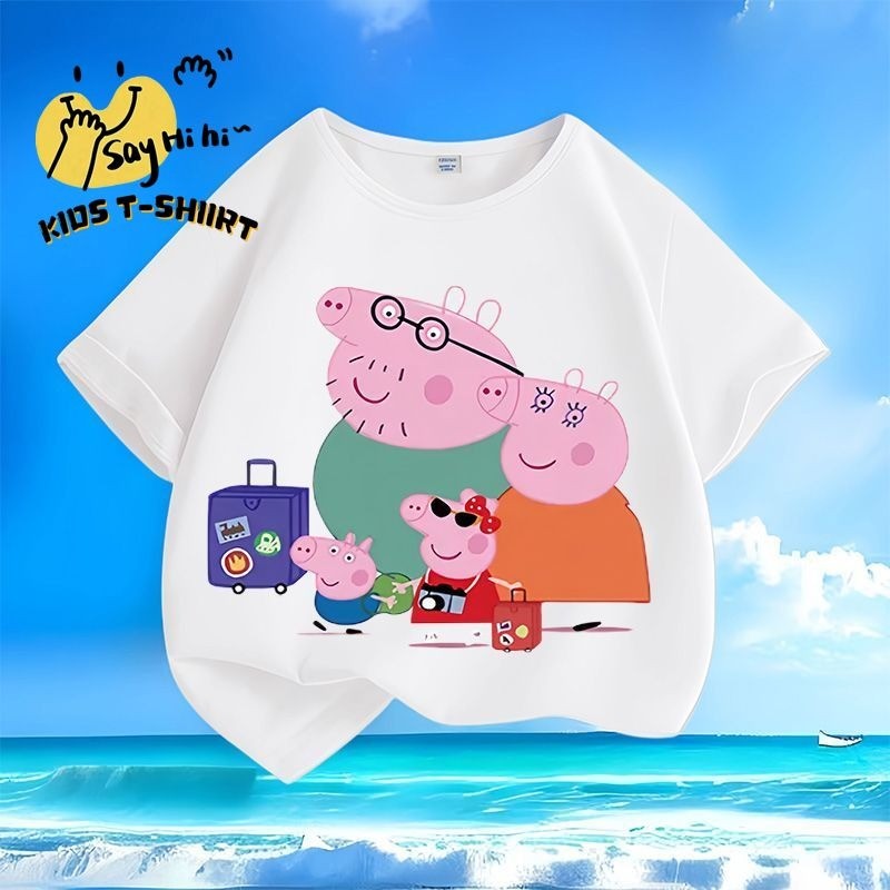 [เป๊ปป้า หมู] เสื้อยืดแขนสั้นสำหรับเด็กชายและเด็กหญิง ลายการ์ตูนใหม่ ทำจากผ้าฝ้ายแท้คอกลมทรงหลวม