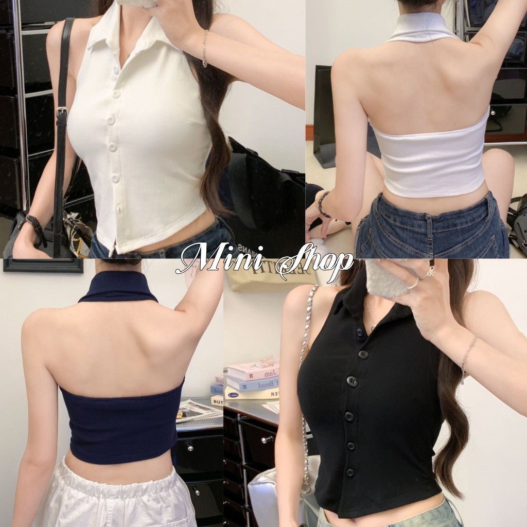 Mini shop🌸พร้อมส่ง🌸(FY5529) เสื้อกล้าม คล้องคอ คอกล้ามแขนกุด มีฟองน้ำ ทรงครอปสั้น สีพื้น สไตล์ลำลอง