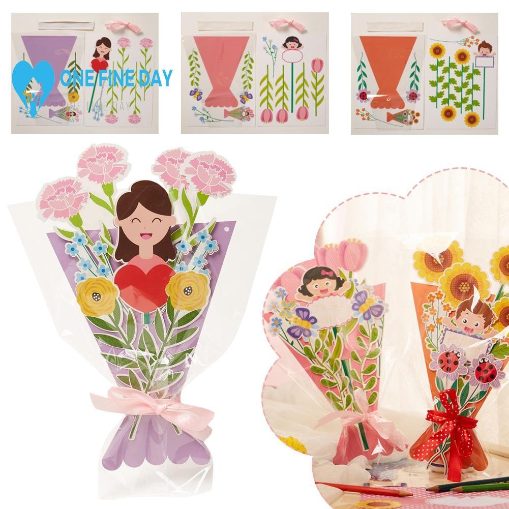 วันแม่ทําด้วยมือ Diy กระดาษมือช่อดอกไม้อวยพรวัสดุชุดการ์ด Q9s4