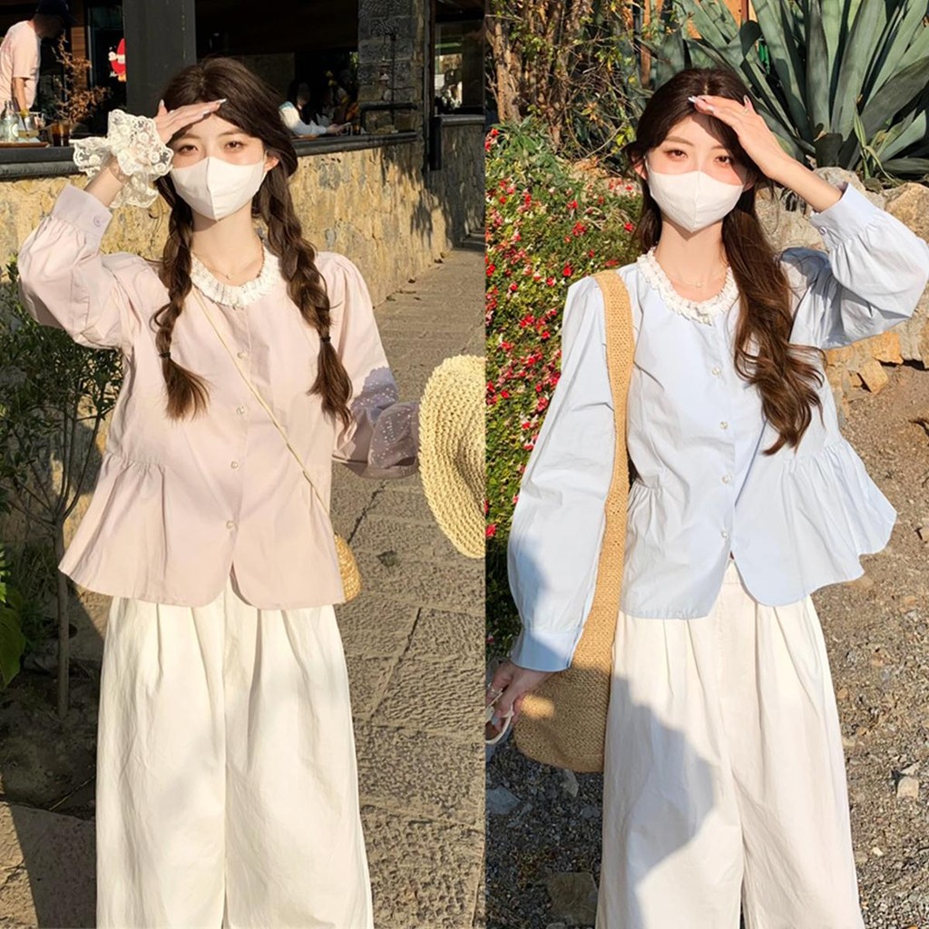 Chili Koko เสื้อลูกไม้คอกลมหลวมๆ แฟชั่นเกาหลี กันแดดคาดิเเกน เสื้อเชิ้ตแขนยาวระบายสีฟ้า เอวจีบ W615