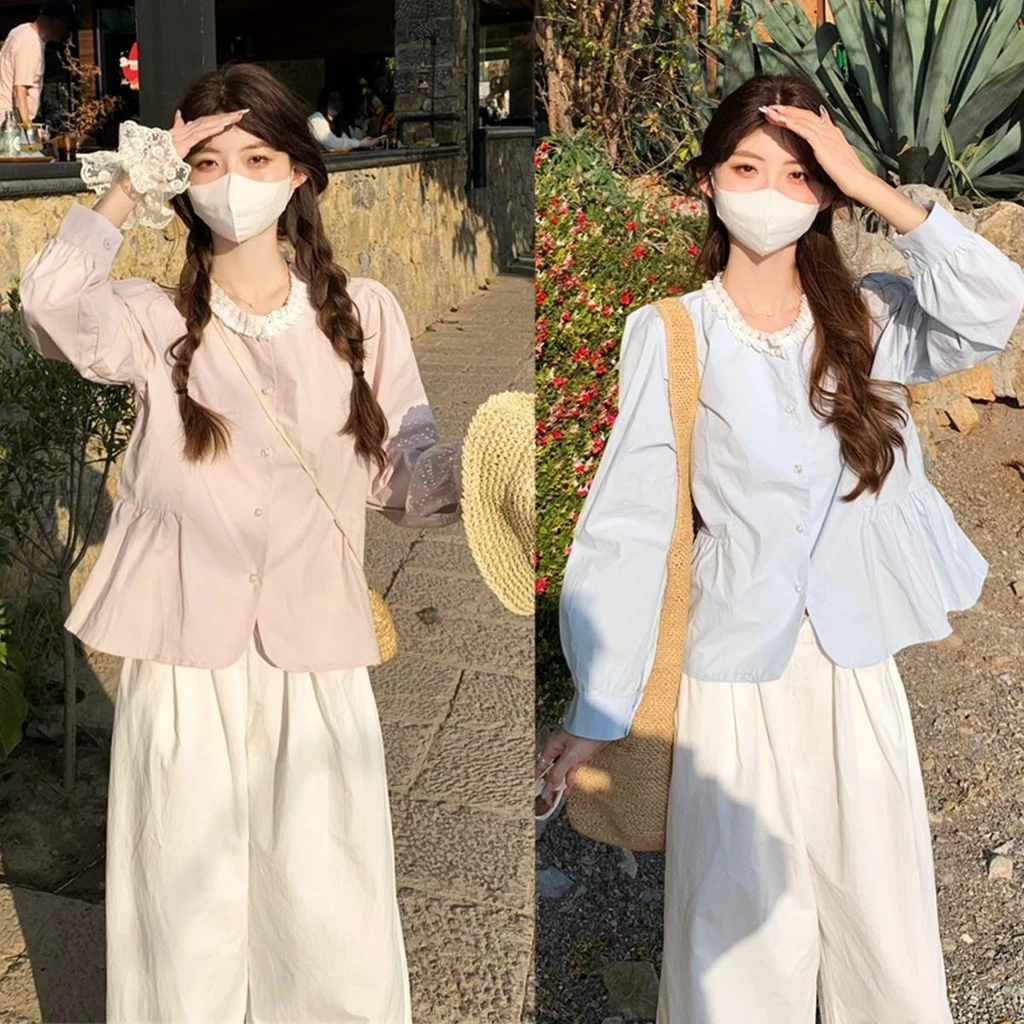 Chili Koko เสื้อลูกไม้คอกลมหลวมๆ แฟชั่นเกาหลี กันแดดคาดิเเกน เสื้อเชิ้ตแขนยาวระบายสีฟ้า เอวจีบ W615