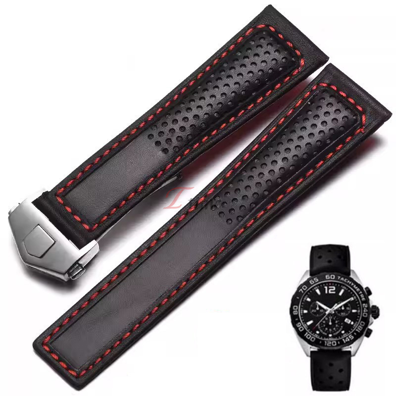 22 มม.สายนาฬิกาหนังแท้สําหรับ Carrera ดําน้ํา Monaco F1 Series Breathable สร้อยข้อมือสีดํานาฬิกาผู้ชาย