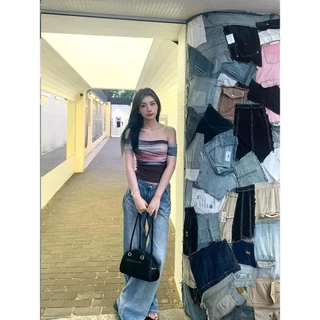 VaVa【ในสต็อก】เสื้อยืดผู้หญิง ดีไซน์เปิดไหล่ เซ็กซี่ แซ่บๆ ดีไซน์สีน้ำ จับคู่สี เข้ารูป โชว์สัดส่วนเซ็กซี่
