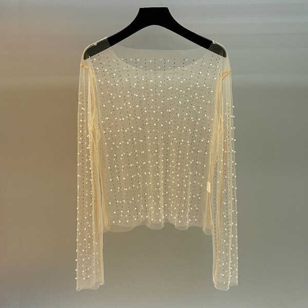 Beaded Long-Sleeved Gauze Top Gauze Seed-ผ่าน Sequined Long-Sleeved V คอยาวแฟชั่น Rhinestone ยาว @