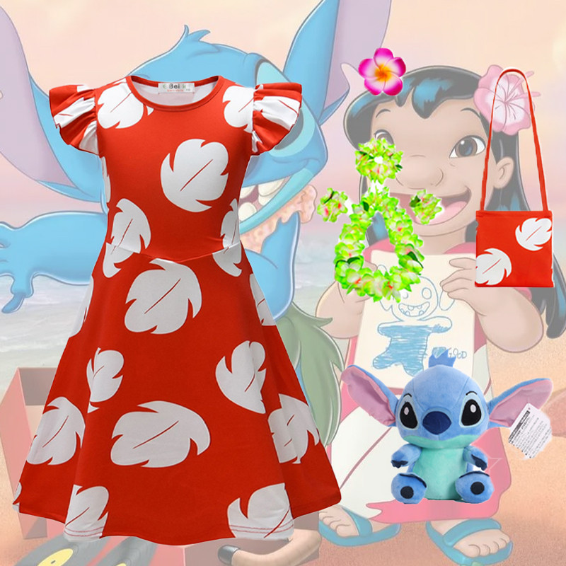 Lilo และ Stitch เครื่องแต่งกายสําหรับเด็กสาวฤดูร้อน Lilo Red Leaf พิมพ์ชุดฮาวายดอกไม้ Stuff ของเล่น Terno ฮาโลวีน Party อุปกรณ์เสริม