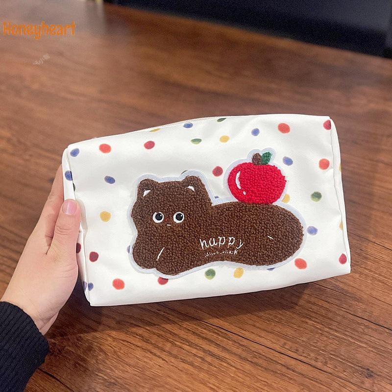  แมวน่ารักแมว Polka Dot กระเป๋าแต่งหน้าหวานอินเทรนด์กระเป๋าเครื่องสําอางขนาดใหญ่ความจุแบบพกพากระเป๋าเก็บกล่องดินสอของขวัญ Nice