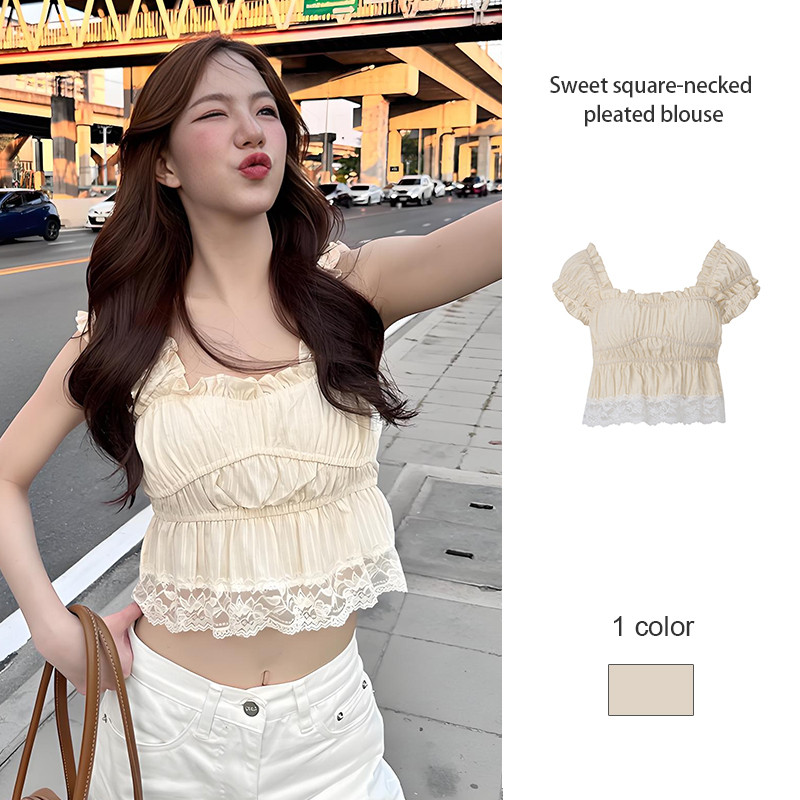 เสื้อยืดคอเหลี่ยมจีบลูกไม้ผ้าปะติดเสื้อกั๊กสั้นไม่มีแขนผู้หญิง JD