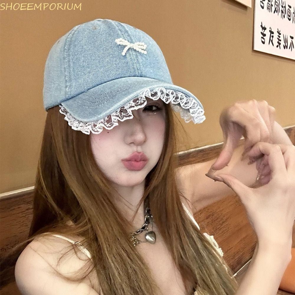 SHOEEMPORIUM Bow Baseball Cap, Lace Pearl Bowknot Baseball Hat, Versatile Bowknot Cotton Sun Hat Den
