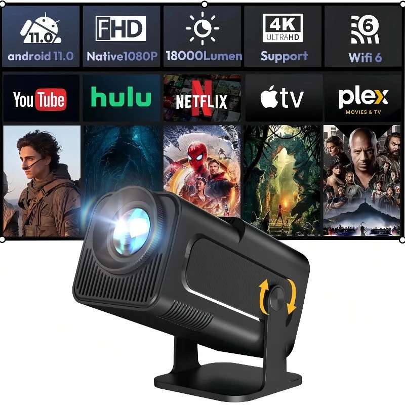 projector HY320 MINI 1080P โปรเจคเตอร์ Automatic correction โฮมโปรเจ็กเตอร์ Android 11.0 18000 Lumen