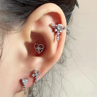 ต่างหู Earbone ไขว้หัวใจ Rhinestone โลหะผสมยอดนิยมสําหรับผู้หญิง