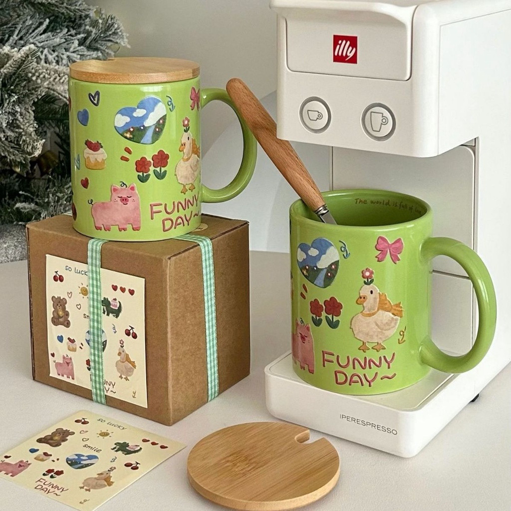 ❤Molly Preferred Matcha Green การ์ตูน Graffiti ถ้วยเซรามิคสไตล์เกาหลี ins น่ารัก Childlike ถ้วยอาหาร