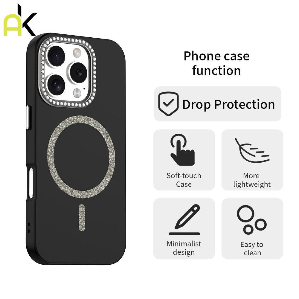 AK เคสโทรศัพท์แม่เหล็กกลิตเตอร์หรูหราสำหรับ iPhone 11 12 13 14 15 16 Pro Max ครอบคลุมเคสกันกระแทก
