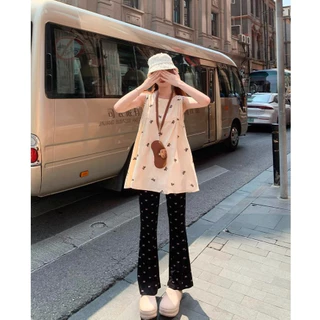 เสื้อแขนกุดสีครีม คอกลมทรงเอ ลายโบว์ อกเย็บจับจีบ ผ้าโพลิเอสเตอร์ ทรงปล่อย เสื้อยืดผู้หญิง #6901