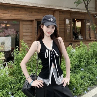 Veewink พร้อมส่งจากกทม mini top เสื้อลูกไม้ โบว์ไท คอวีแขนกุด เซ็กซี่เท่