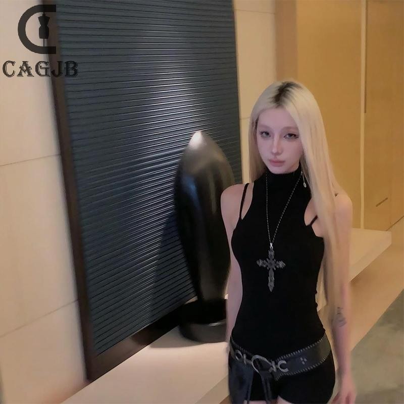 [SSNE] ฤดูร้อนอเมริกันเซ็กซี่ครึ่งคอเต่า Hollow Backless แขนกุด Slim Jumpsuit สําหรับผู้หญิง UOM