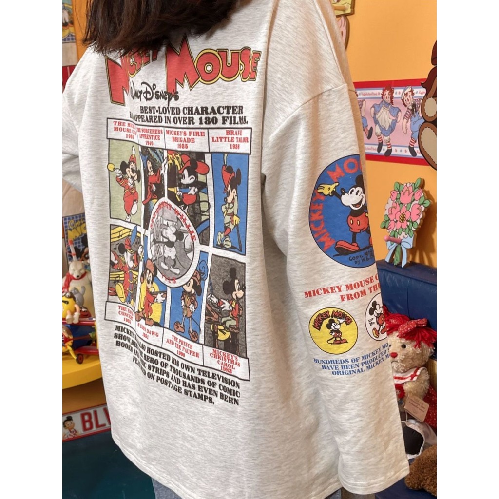 ผู้หญิงมิกกี้พิมพ์แขนยาวเสื้อยืดแฟชั่นหลวมสบายๆรอบคอด้านบน