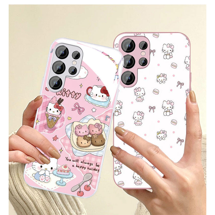 เคสสำหรับ Samsung Galaxy S25Ultra S24Ultra S23Ultra กรอบ TPU นุ่ม เคสโทรศัพท์แข็งพร้อมสายคล้องมือ สีชมพู ลายแมวน่ารัก สำหรับ A55 A54 A53 A52 A14 S22Ultra