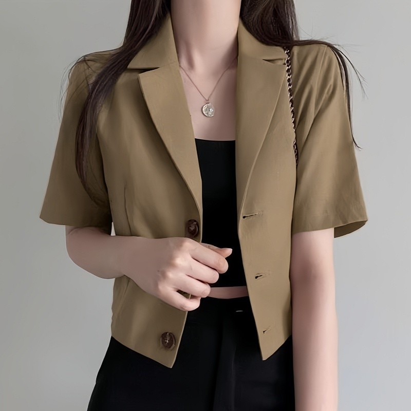 Chic พร้อมส่ง เสื้อคลุม แขนสั้น คอปก ทรงวี งานผ้าคอตตอนลินิน ทรงสวยเรียบง่าย สำหรับผู้หญิง แบบสั้น สไตล์ลำลอง