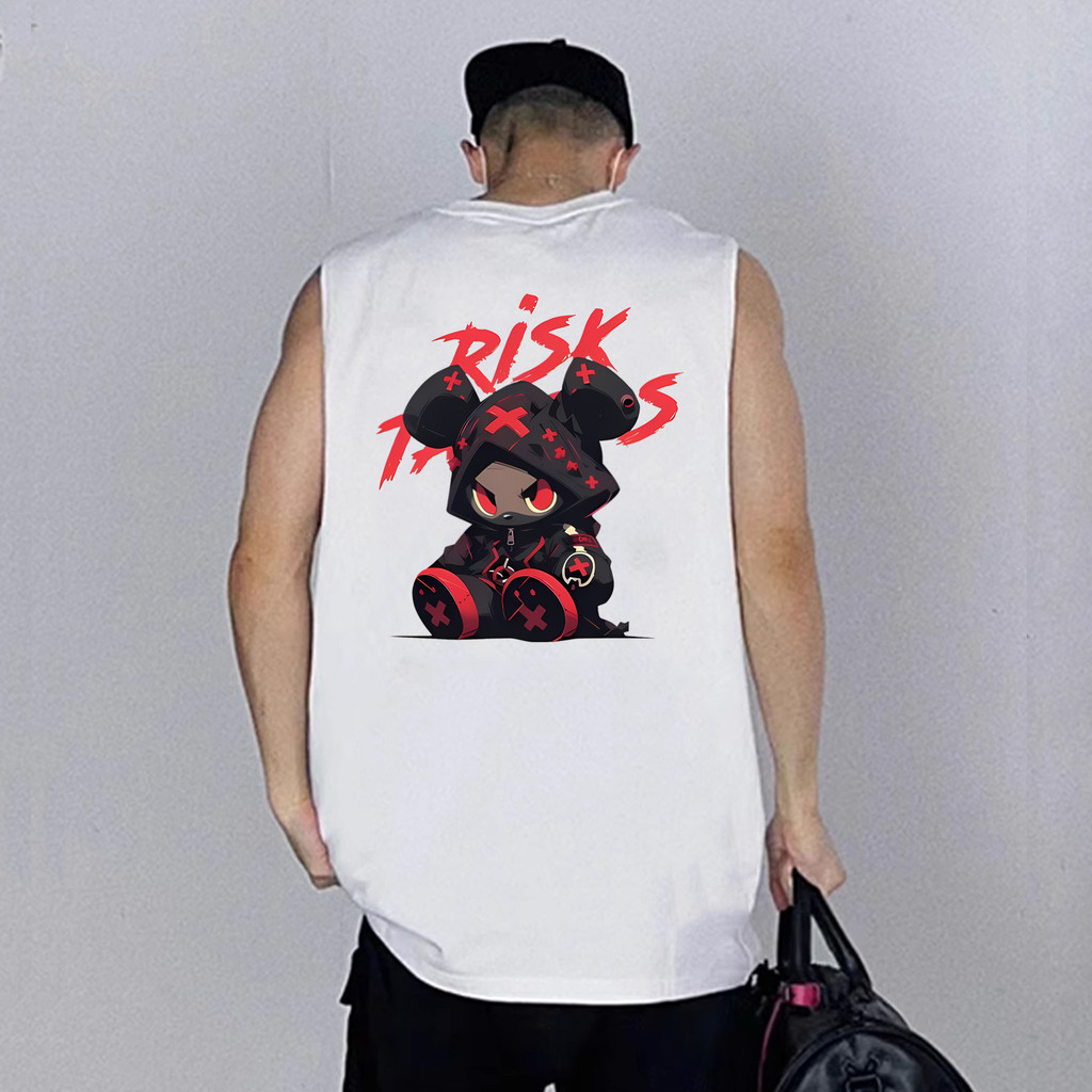 UT shop เสื้อกล้าม แขนกุด oversize ผ้าฝ้าย100% เสื้อแขนกุด แฟชั่น แนวสตรีท 'RISK BEAR' ครอปกล้ามเสื้อ ผู้ชาย เสื้อสีขาว
