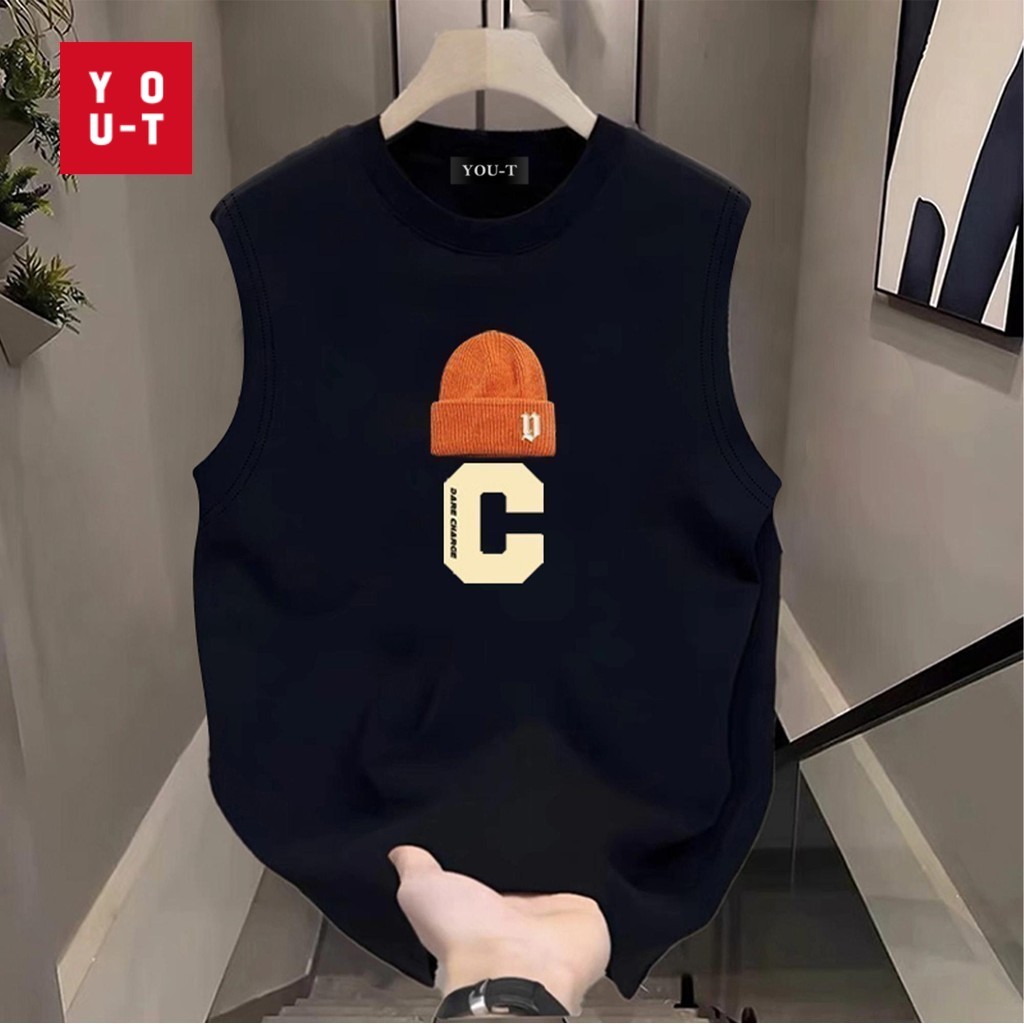 Y-T  เสื้อแขนกุด พิมพ์”C” เสื้อกั๊กแขนกุดชาย ฝ้าย100% อเมริกันย้อนยุค  สวมใส่สบาย แฟชั่น S-4XL OVERSIZE☄️