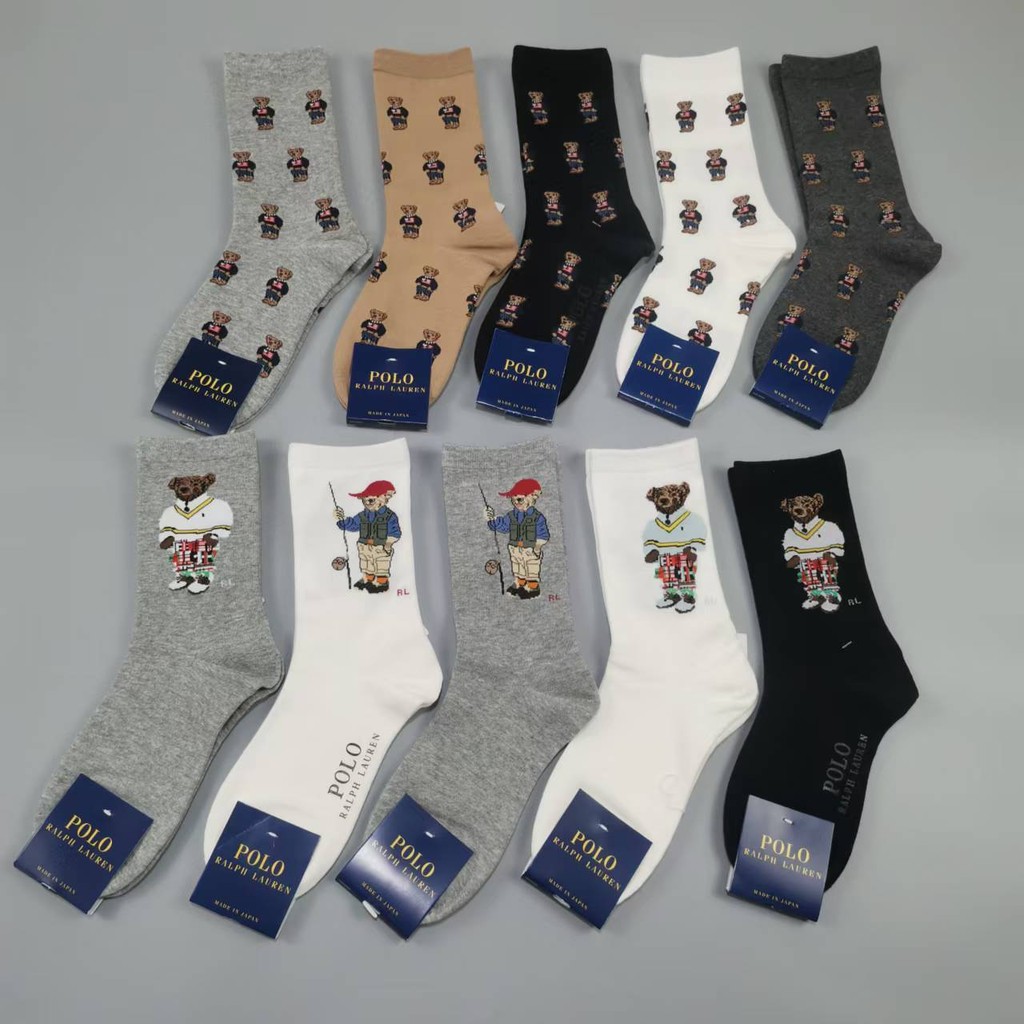 ((จัดส่งรวดเร็ว) Japan POLO Bear Pattern Womens Socks Mid-Tube Trend Fashion Preppy Style ถุงเท้าผ้าฝ้ายระบายอากาศ
