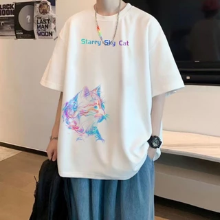 เสื้อผู้ชาย สกรีนลายแมวเท่ๆ เสื้อยืดคอกลม สตรีทแฟชั่น oversize คนอ้วน เสื้อเทสดี tshirt men ใส่สบาย