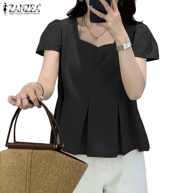 ZANZEA ซานเซีย ผู้หญิงเกาหลีลําลองคอกลมแขนสั้นกับเสื้อวันหยุดจีบ