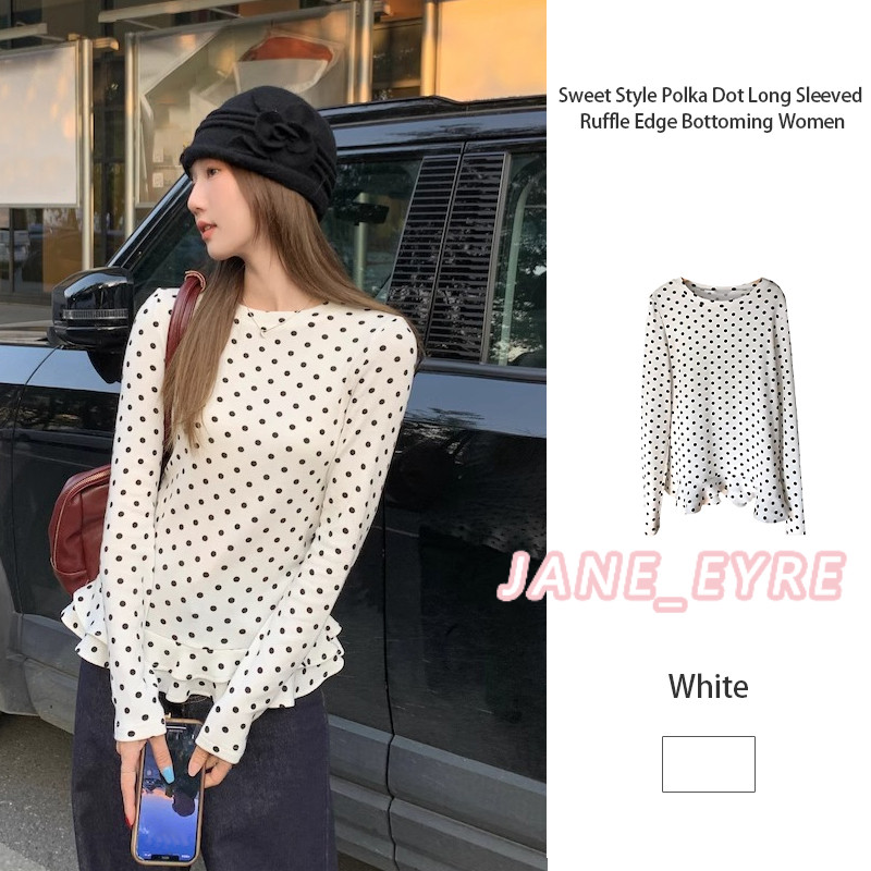 สไตล์หวาน ลายจุด แขนยาว เสื้อยืด ขอบระบาย เสื้อท่อนบน คอกลม เสื้อคลุม ผู้หญิง JN