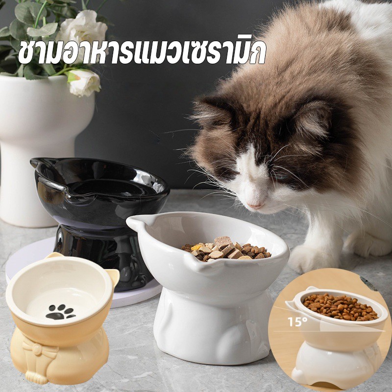 COD ชามอาหารแมว ชามน้ำแมว ชามอาหารแมวเซรามิก แบบเอียง ชามแมวยกสูง สําหรับสัตว์เลี้ยง