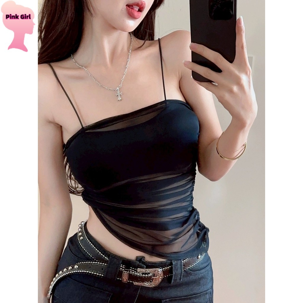 Pink girl ​พร้อมส่ง เสื้อสายเดี่ยว สีดำ แฟชั่น ซีทรูบางเบาเซ็กเบาๆ’ FY2890 ราคา ถูกที่สุด ดีลบีเคเค แกลเลอรีภาพที่ 4