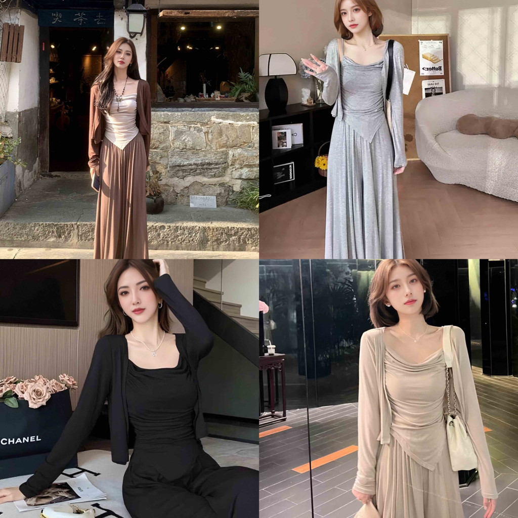 เซ็ตฤดูใบไม้ผลิ เสื้อคลุม + เสื้อสายเดี่ยว + กางเกงเอวสูง สีพาสเทลสวยหวานสไตล์สาวเกาหลี