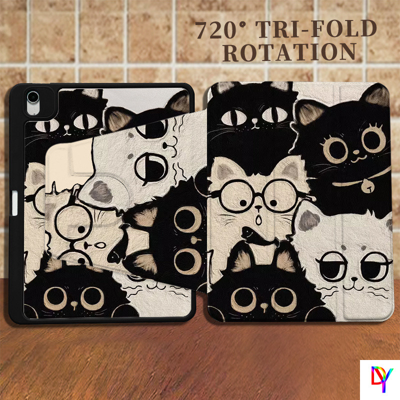 เคสไอแพด 720° หมุน iPad 2025 11 iPad Air4/5/6 Air7 M3 10.9 นิ้วการ์ตูน Cat Pro 2024 M4 อะคริลิค Air6/5 ช่องเสียบปากกา Mini Anti-Bend ฝาครอบป้องกัน