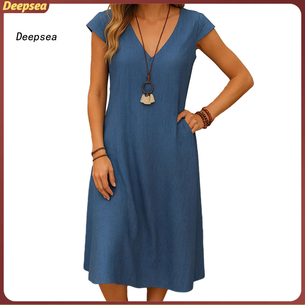 DPA Elegant ชุดผู้หญิง V คอ A-line ฤดูร้อน ผ้าฝ้ายลินิน Midi ชุดกระเป๋า Casual Beach Sundress สําหรั