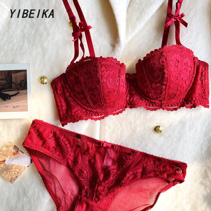 สีแดงครึ่งถ้วยชุดชั้นในชุดผู้หญิงแต่งงาน Push-Up Bra