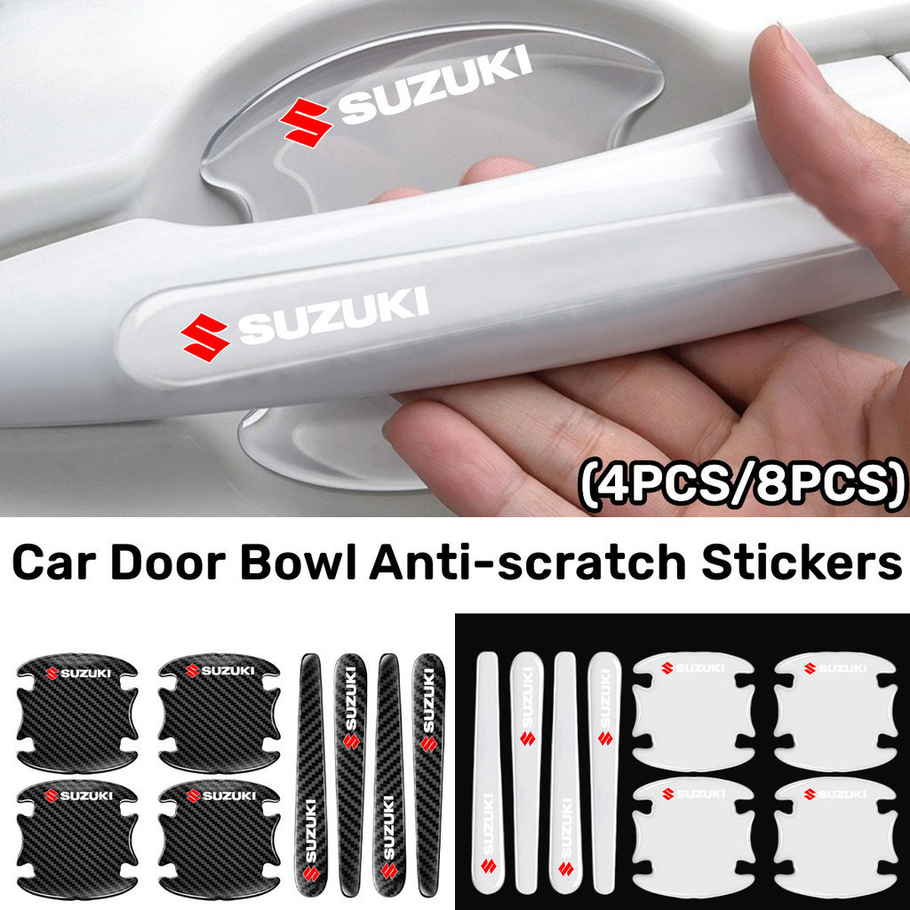 4/8 ชิ้น Suzuki โปร่งใสรถประตูชามสติกเกอร์ Anti Scratch สติกเกอร์ประตูรถป้องกันหนารุ่นคาร์บอนไฟเบอร์