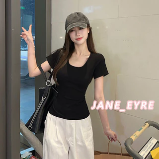 เสื้อยืดคอกลมแขนสั้นผู้หญิงเข้ารูปสีพื้นเรียบง่าย JN